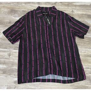 Homme + Femme Striped Logo Button Down Shirt Short Slv Black Purple Men’s Medium